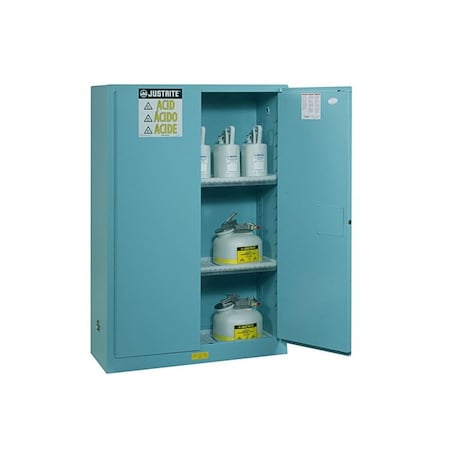 Justrite 45 gal, 2 Shelves, 18-Gauge Steel, 43 in W x 65 in H x 18 in D, Blue 894582